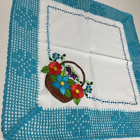 Handmade Crochet & Embroidered Floral Basket Cotton Tablecloth 24x24 Inches - Picture 2 of 5